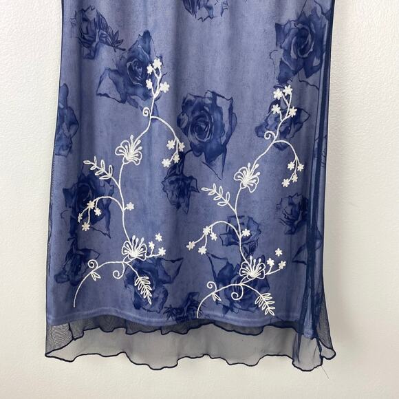 Ultra Flirt Y2K Vintage Empire Waist Mesh Floral Dress Lettuce Hem Navy Medium - Picture 3 of 8
